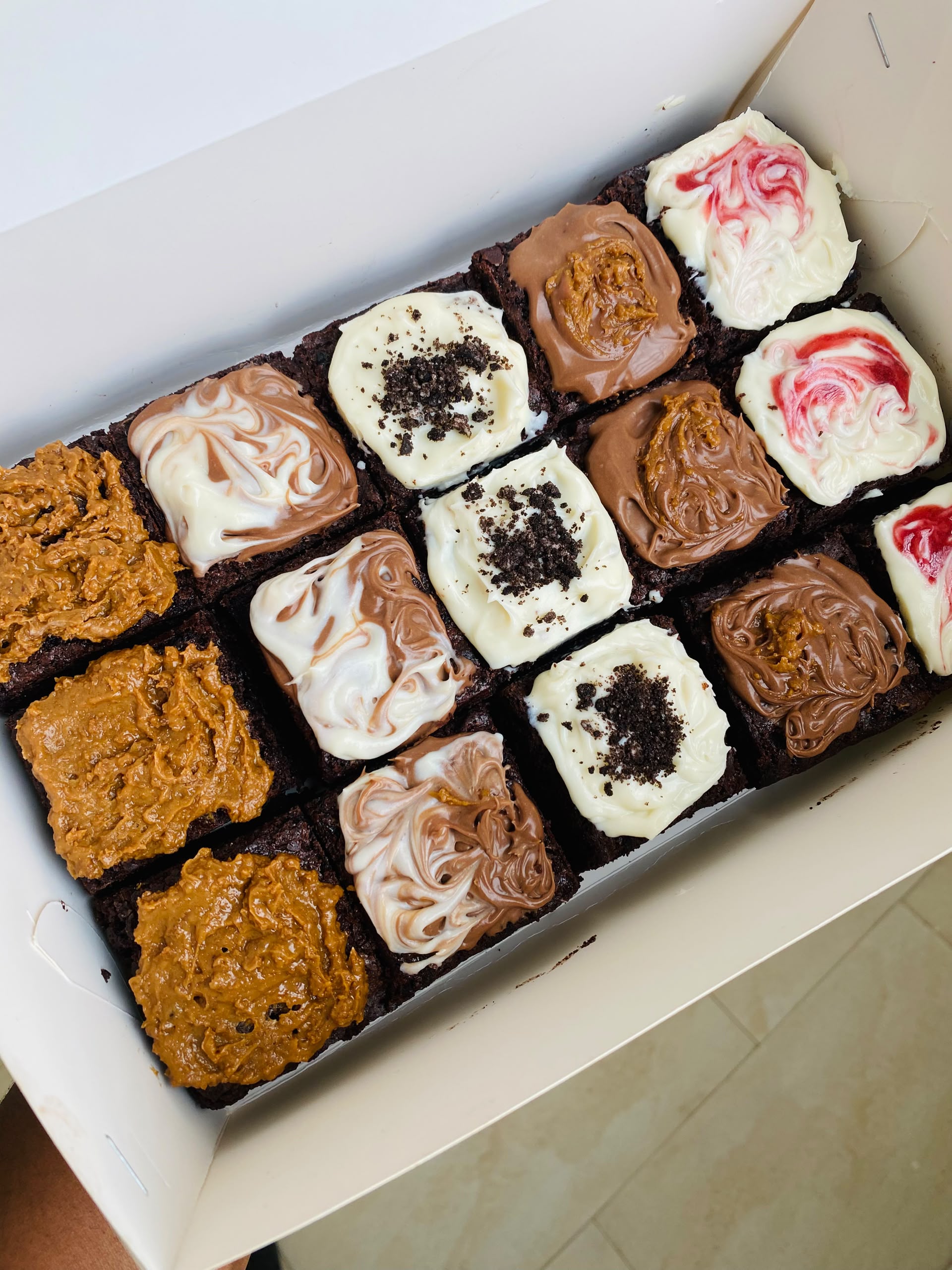 Box of assorted topped brownies